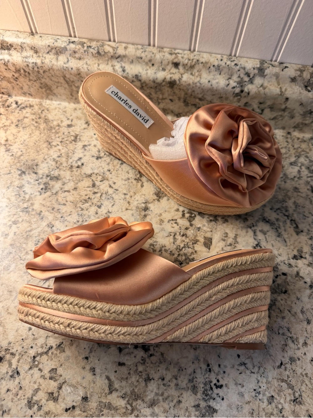 Charles David Satin Rose Gold Wedge Sandals with Rosette New Vacation Shoes